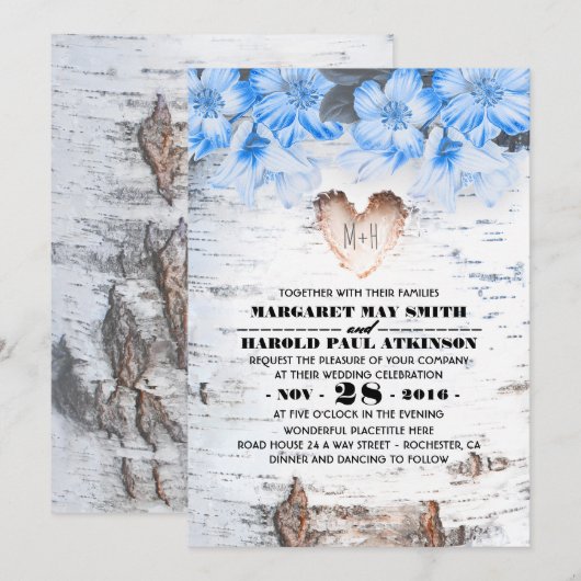 樺の木ツリーバークハート素朴カントリーウェディング 招待状 (正面/裏面)