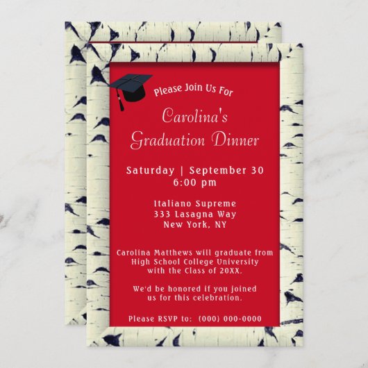 樺の木ツリーバークフレームレッドディナーキャップ卒業 招待状 (正面/裏面)