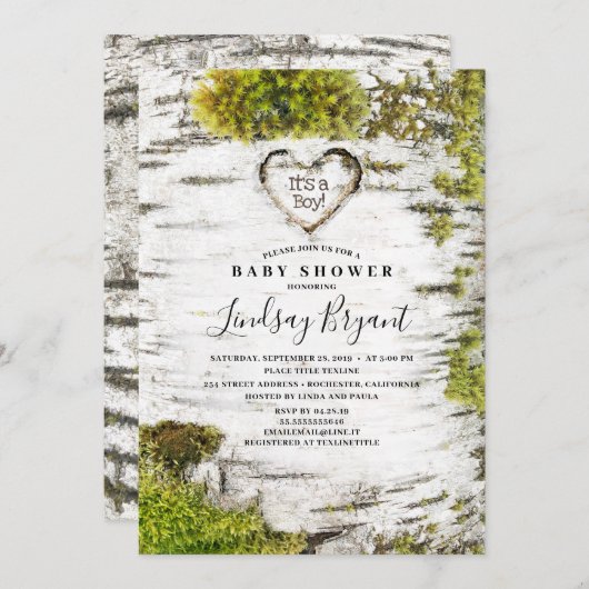 樺の木ツリーバーク素朴ウッドランドベビーシャワー 招待状 (正面/裏面)