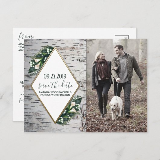 樺の木ツリーボタニカルウェディング日付カードを保存 案内ポストカード (正面/裏面)