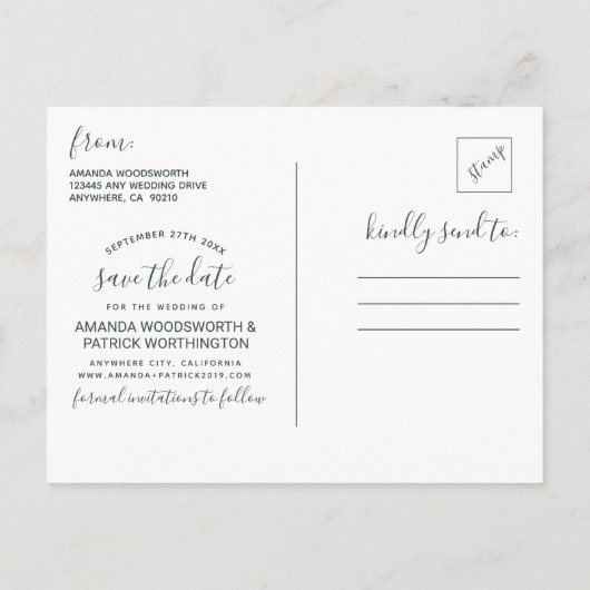 樺の木ツリーボタニカルウェディング日付カードを保存 案内ポストカード (裏面)