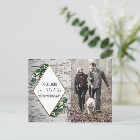 樺の木ツリーボタニカルウェディング日付カードを保存 案内ポストカード (スタンド正面)