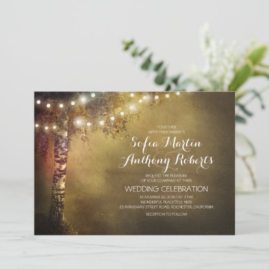 樺の木ツリー及びストリングライト結婚式招待状 招待状 (スタンド正面)