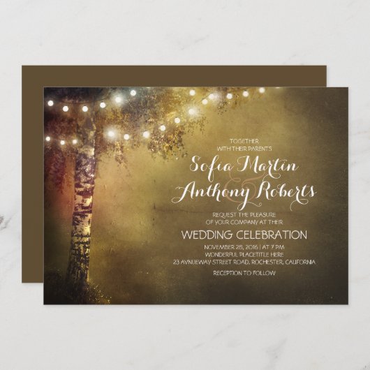 樺の木ツリー及びストリングライト結婚式招待状 招待状 (正面/裏面)