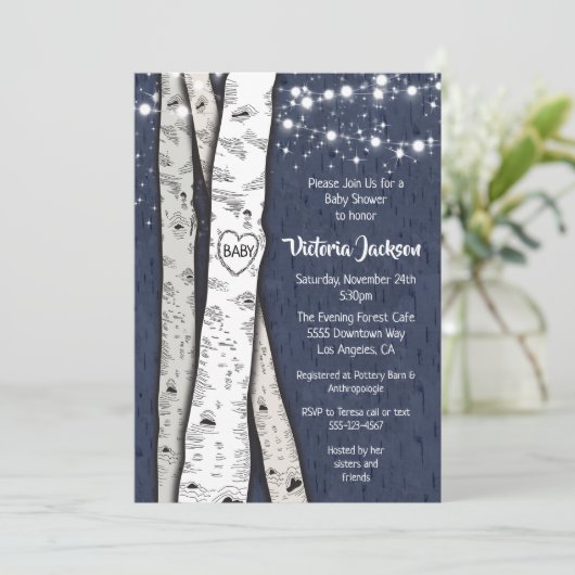 樺の木ツリー夕べトゥインクルライツベビーシャワー 招待状 (スタンド正面)