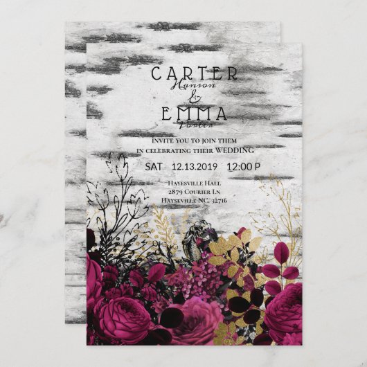 樺の木ツリー素朴とフローラカントリーウェディング 招待状 (正面/裏面)