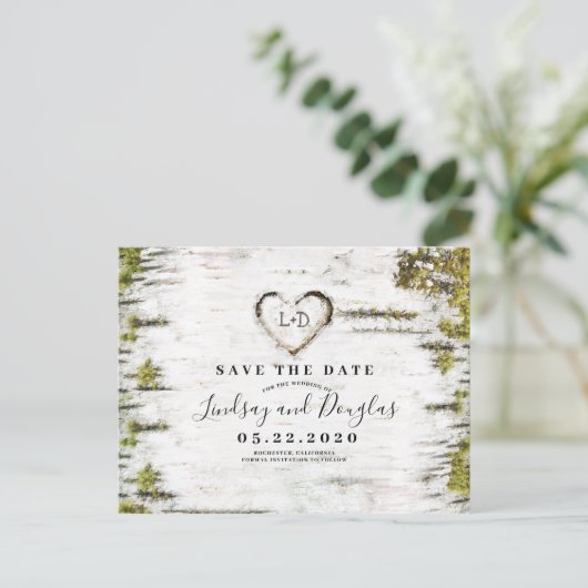 樺の木ツリー素朴ハート保存日付 案内ポストカード (スタンド正面)