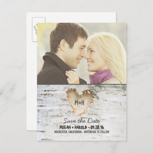 樺の木ツリー素朴ハート写真の保存日付 案内ポストカード (正面/裏面)