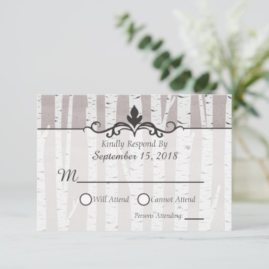 樺の木ツリー素朴自然結婚式招待状RSVP 出欠カード (スタンド正面)