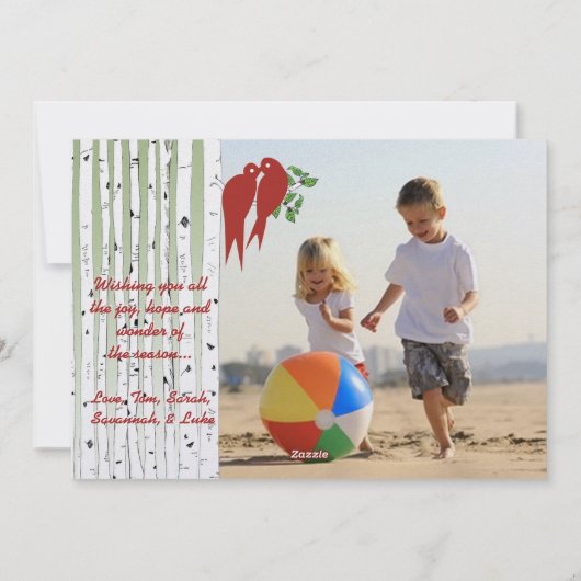 樺の木ツリー赤い愛の鳥メリークリスマス シーズンカード (裏面)