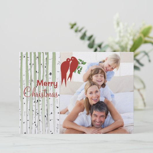 樺の木ツリー赤い愛の鳥メリークリスマス シーズンカード (スタンド正面)