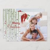 樺の木ツリー赤い愛の鳥メリークリスマス シーズンカード (正面/裏面)