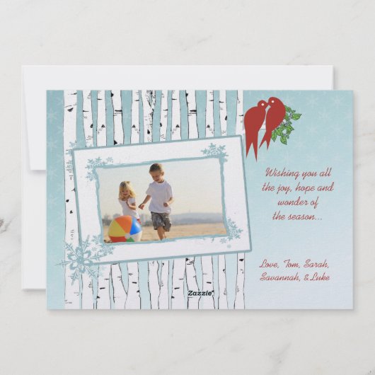 樺の木ツリー赤い愛の鳥メリークリスマス シーズンカード (裏面)
