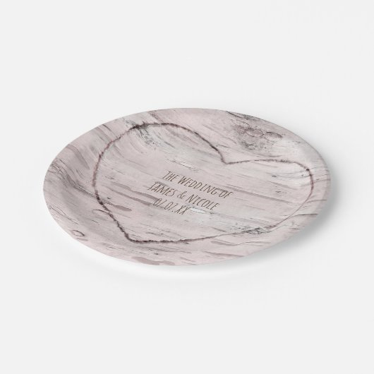 樺の木ツリー&彫りハートウェディング素朴レセプション ペーパープレート (アングル)