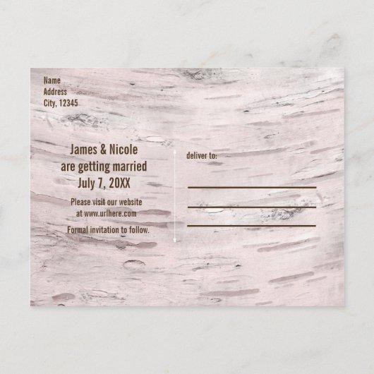 樺の木ツリー&彫りハート結婚式の日付を保存 案内ポストカード (裏面)