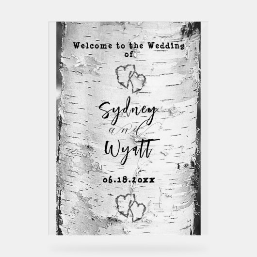 樺の木バークツリーハート結婚のウェルカムサイン アクリルサイン (正面)