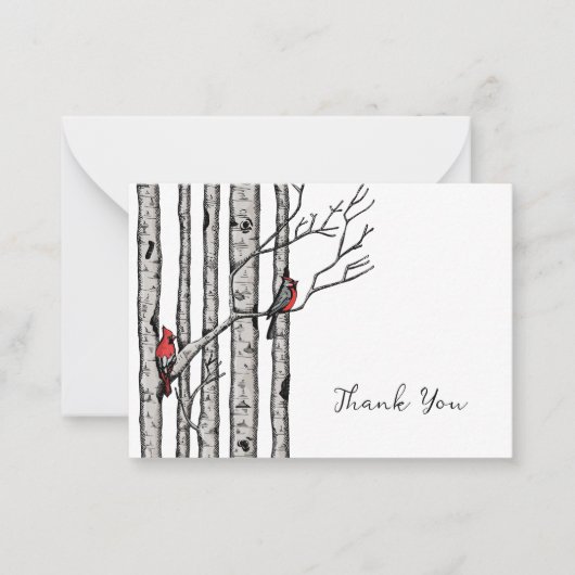 樺の木モダンの木と赤い鳥ありがとう ノートカード (正面)