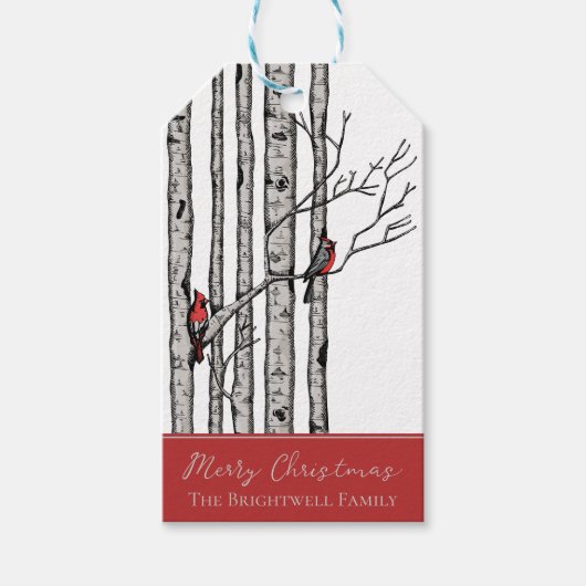 樺の木モダン樹赤(鳥)ショウジョウコウカンチョウ鳥贈呈ラベル ギフトタグ (正面)