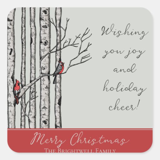 樺の木モダン樹赤（鳥）ショウジョウコウカンチョウ鳥 スクエアシール (正面)