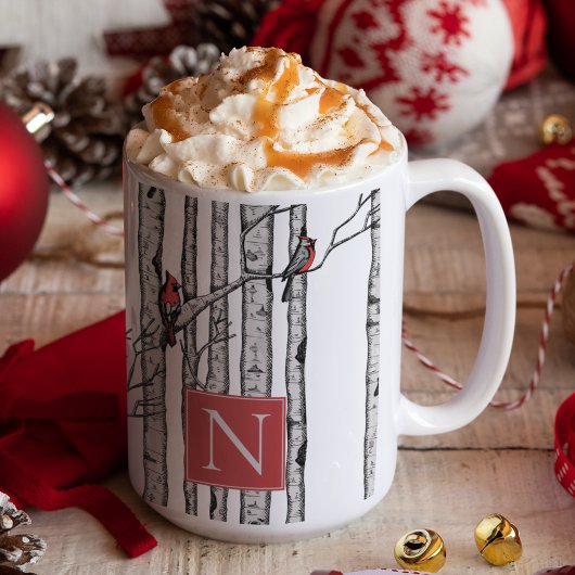 樺の木モノグラムの樹赤（鳥）ショウジョウコウカンチョウ鳥 マグカップ