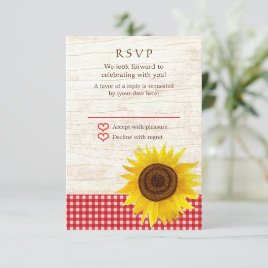 樺の木吠え声の素朴な国の結婚式のヒマワリ 出欠カード (スタンド正面)