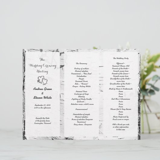 樺の木彫りハート結婚の3つ折りプログラム (スタンド正面)