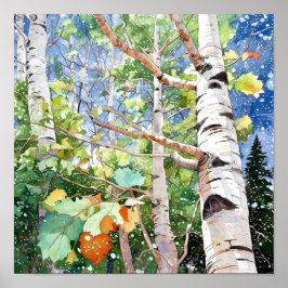 樺の木森林水絵を描色のポスター ポスター