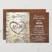 樺の木樹皮ハート素朴ブライダルシャワー 招待状 (正面/裏面)