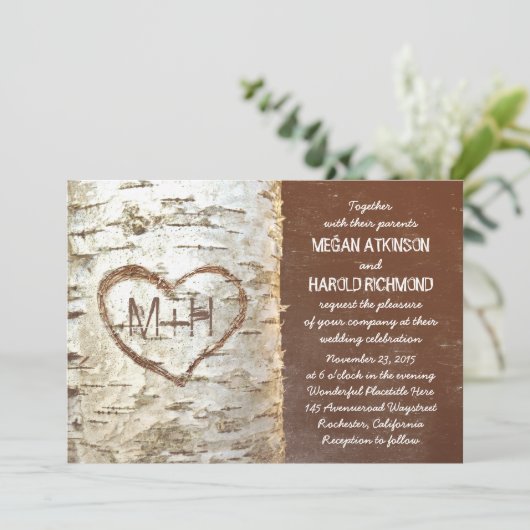 樺の木樹皮ハート素朴結婚式招待状 招待状 (スタンド正面)