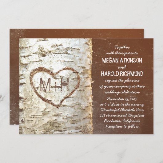樺の木樹皮ハート素朴結婚式招待状 招待状 (正面/裏面)