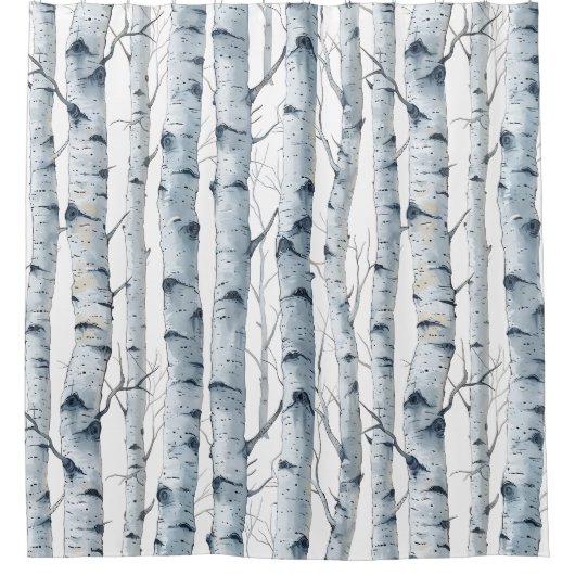 樺の木灰色の白色パターン シャワーカーテン (正面)