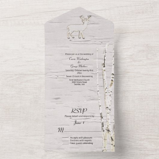 樺の木素朴の木と鹿結婚の木 オールインワン招待状 (内側)