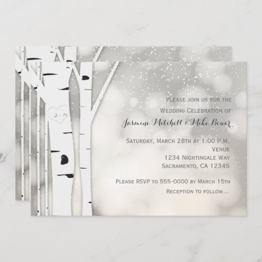 樺の木素朴ツリーウィンターホワイト結婚式招待状 招待状 (正面/裏面)