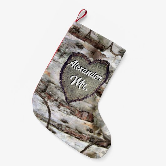 樺の木素朴バークウッド彫刻ハート《植物》アスペンツリー氏。 スモールクリスマスストッキング (正面 (吊り時))