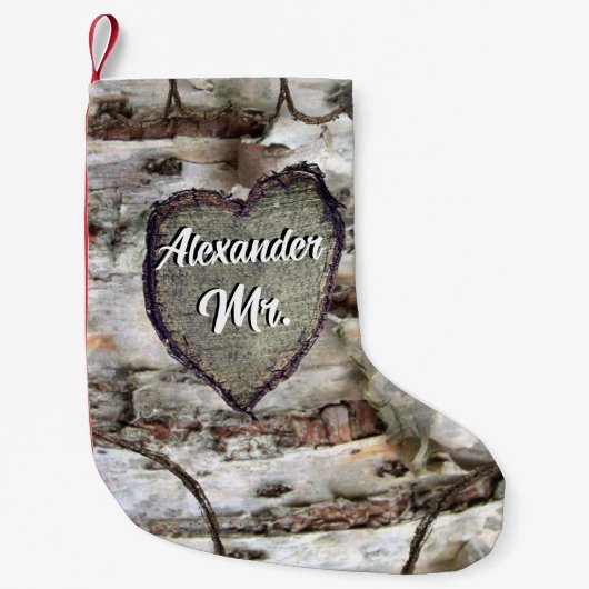 樺の木素朴バークウッド彫刻ハート《植物》アスペンツリー氏。 スモールクリスマスストッキング (正面)