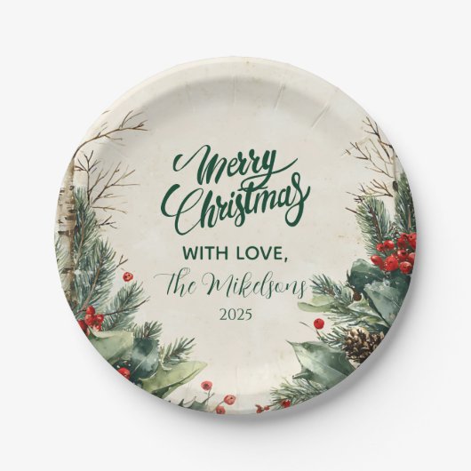 樺の木素朴ピネコーンクリスマスパーティー ペーパープレート (正面)