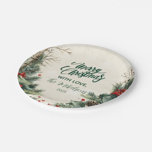 樺の木素朴ピネコーンクリスマスパーティー ペーパープレート (アングル)