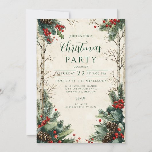 樺の木素朴ピネコーンクリスマスパーティー 招待状 (正面)