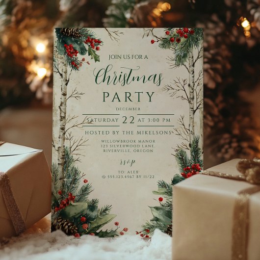 樺の木素朴ピネコーンクリスマスパーティー 招待状