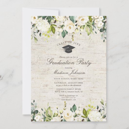 樺の木素朴ホワイトフローラ写真卒業パーティー 招待状 (正面)