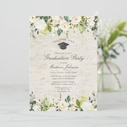 樺の木素朴ホワイトフローラ写真卒業パーティー 招待状 (スタンド正面)