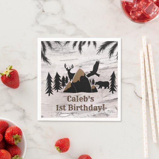 樺の木素朴屋外ワイルダネス1歳の誕生日 スタンダードカクテルナプキン (インサイチュ)