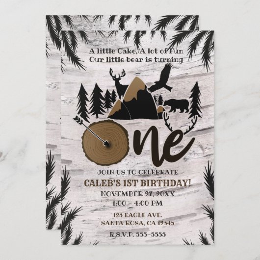 樺の木素朴屋外ワイルダネス1歳の誕生日 招待状 (正面/裏面)