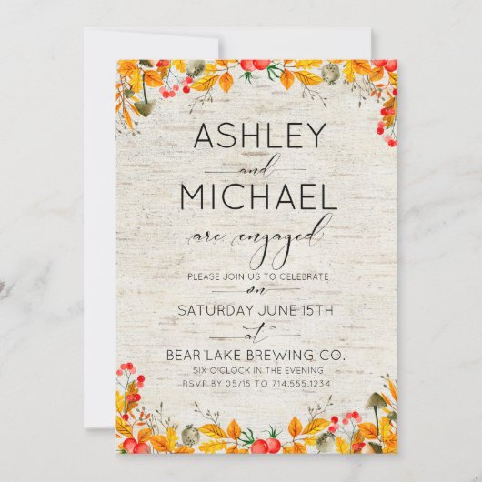 樺の木素朴秋リーフフォトタイポグラフィパーティー 招待状 (正面)