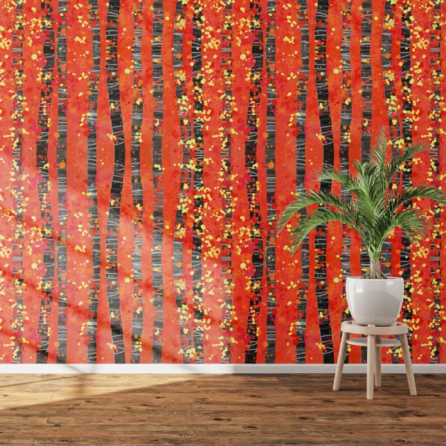 樺の木《植物》アスペンツリーフォレストレッドアート 壁紙 (Aspen birch tree forest abstract landscape art patterned red wallpaper)