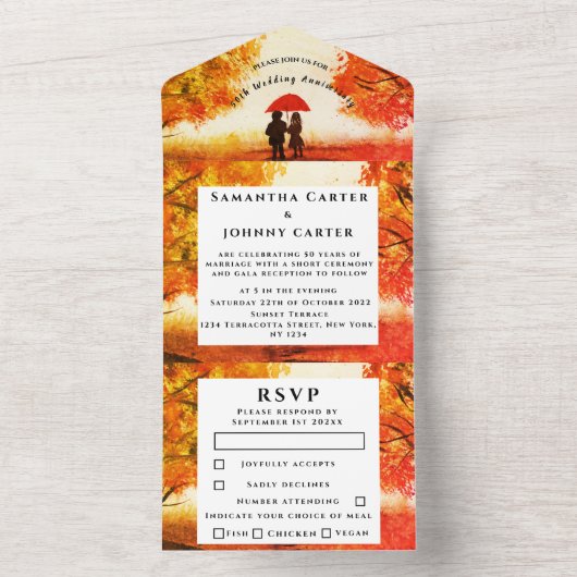 樺の皮の秋の木の葉の結婚記念日のお祝い オールインワン招待状 (内側)