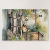 橋の上にかわいい田舎の水色のアヒル ジグソーパズル (横)