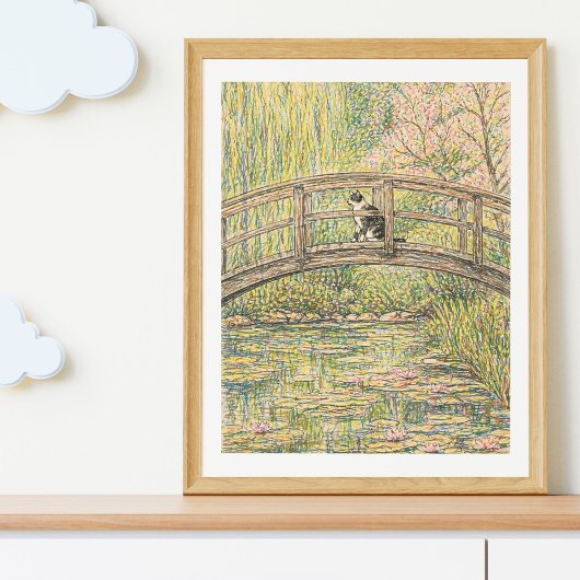 橋の上の猫の日本庭園アートプリント ポスター