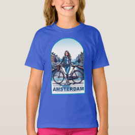橋の上の自転車と少女 アムステルダム Tシャツ