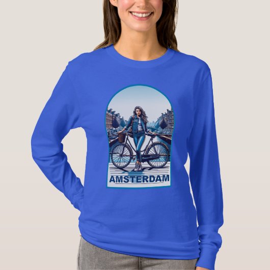 橋の上の自転車と少女 アムステルダム Tシャツ (正面)